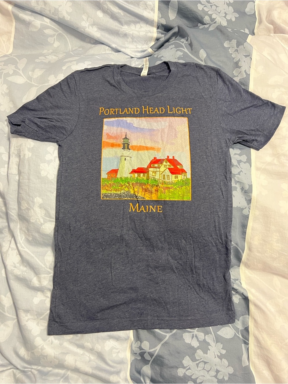 Soft Blue Heather Portland Maine T-Shirt with Yellow Print